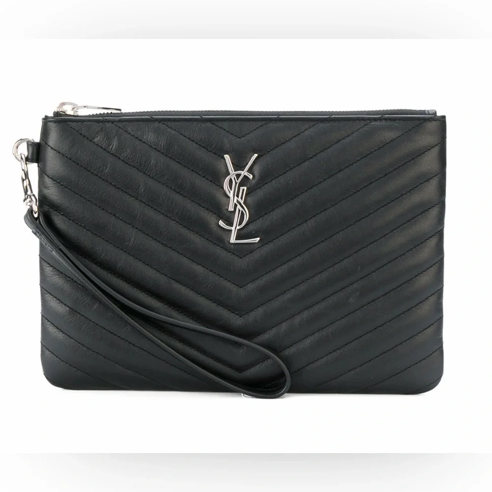 Saint Laurent YSL Monogram Quilted Leather Wristlet Clutch Black - Picture 5 of 7
